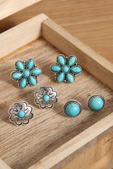 3 Pairs Western Turquoise Stud Earrings