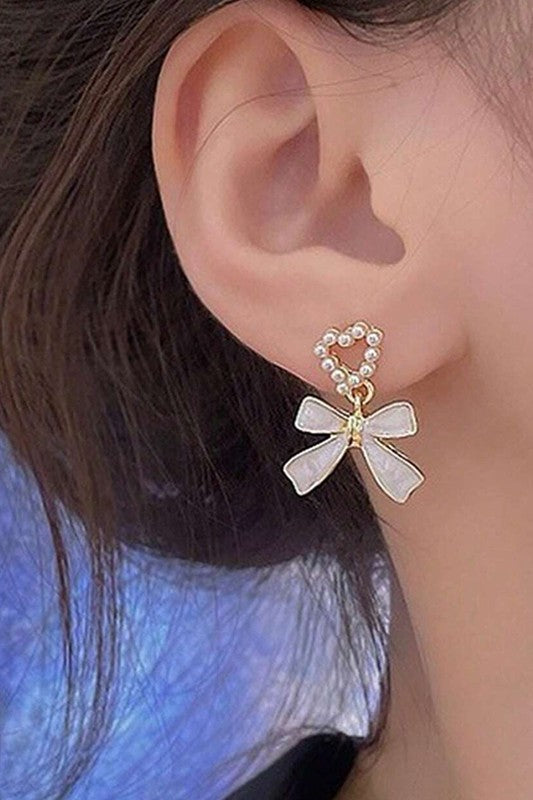 Pearl Heart Shape Bow Knot Dangle Earrings