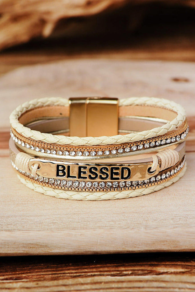 Blessed Rhinestone Braided Detail Buckle Bracelet