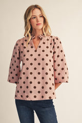 Ruffled Neckline Polka Dot Blouse