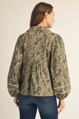 Scallop Trim Detail Puff Sleeves Boho Paisley Top
