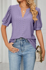 V Neck Puff Short Sleeve Hollow Out Top