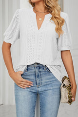 V Neck Puff Short Sleeve Hollow Out Top