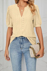 V Neck Puff Short Sleeve Hollow Out Top