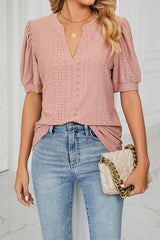 V Neck Puff Short Sleeve Hollow Out Top