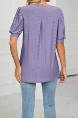 V Neck Puff Short Sleeve Hollow Out Top