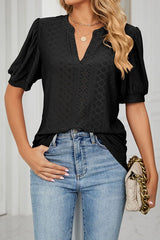 V Neck Puff Short Sleeve Hollow Out Top
