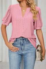 V Neck Puff Short Sleeve Hollow Out Top