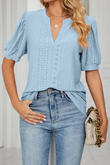 V Neck Puff Short Sleeve Hollow Out Top