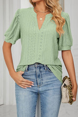 V Neck Puff Short Sleeve Hollow Out Top