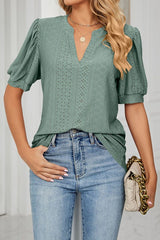 V Neck Puff Short Sleeve Hollow Out Top