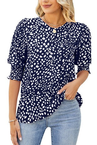 Printed Round Neck Chiffon Pleated Short Sleeve Top