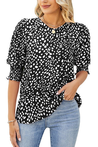 Round Neck Chiffon Pleated Short Sleeve Top - PLUS