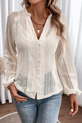 V-Neck Long Sleeve Button Up Lace Shirt