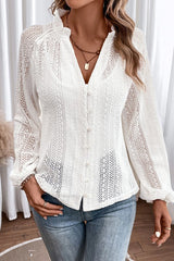 V-Neck Long Sleeve Button Up Lace Shirt