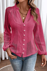 V-Neck Long Sleeve Button Up Lace Shirt