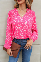 Split Neck Fall Print Crinkle Blouse