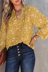 Split Neck Fall Print Crinkle Blouse