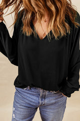 Pleated V Neck Puffy Sleeve Blouse