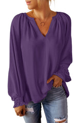 Pleated V Neck Puffy Sleeve Blouse