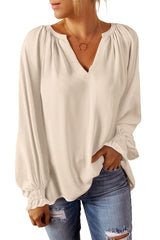 Pleated V Neck Puffy Sleeve Blouse