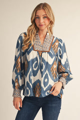 Smocking Detail Abstract Pattern Top