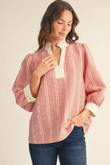Ruffled Neckline Tiny Gingham Check Blouse
