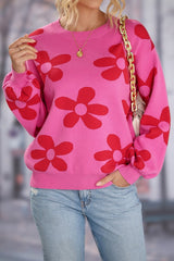 Big Flower Knit Ribbed Trim Sweater