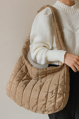 Light French Quilted Zipper Large Shoulder Bag