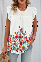 Summer Printed Smocked Round Neck Top