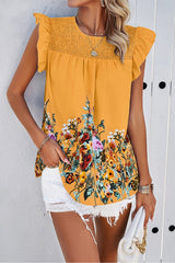 Summer Printed Smocked Round Neck Top