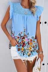 Summer Printed Smocked Round Neck Top