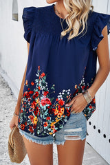 Summer Printed Smocked Round Neck Top