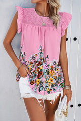 Summer Printed Smocked Round Neck Top