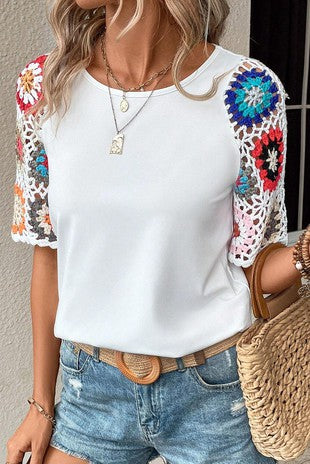 Floral Crochet Short Sleeve Top
