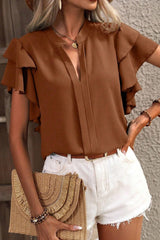 Double Layered Ruffle Sleeve Solid Color Top