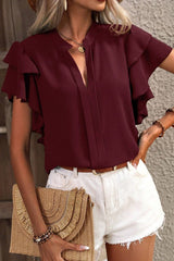 Double Layered Ruffle Sleeve Solid Color Top