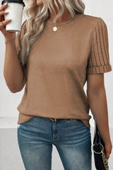 Ribbed Splicing Sleeve Round Neck Top