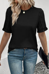 Ribbed Splicing Sleeve Round Neck T-shirt