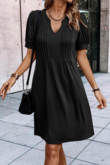 Notched Neck Pleated Puff Sleeve T-shirt Dress