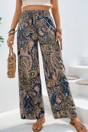 Boho Floral Print Wide Leg Casual Pants