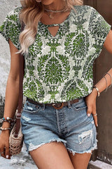 Printed V-Neck Bat Sleeve Loose Top