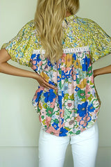 Bubble Sleeve Lace Trim Floral Mixed Top