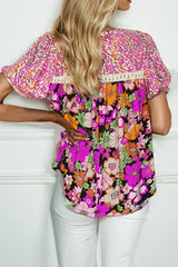 Bubble Sleeve Lace Trim Floral Mixed Top