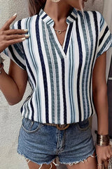 Striped Printed V-Neck Bat Sleeve Shirt