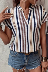 Striped Printed V-Neck Bat Sleeve Shirt