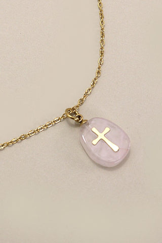 Stainless Steel Rose Quartz Cross Necklace
