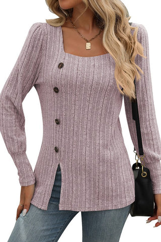 Square Collar Pit Stripe Brushed Solid Color Top