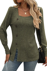 Square Collar Pit Stripe Brushed Solid Color Top