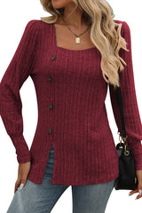 Square Collar Pit Stripe Brushed Solid Color Top